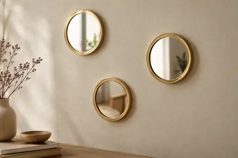 Trois miroirs muraux ronds à cadre doré, disposés en composition sur un mur crème.
