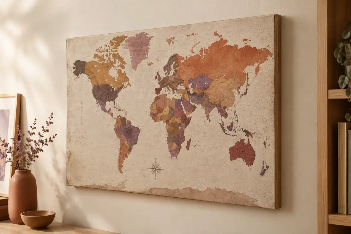 Carte du monde en toile sur cadre en bois, accrochée à un mur crème dans un décor épuré.