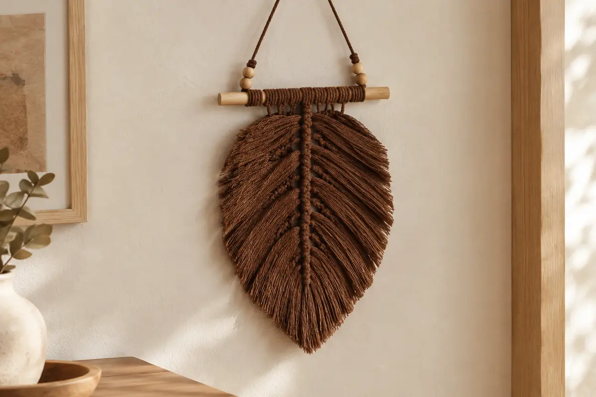 Tenture murale marron en macramé de coton, motif feuille, baguette et perles en bois