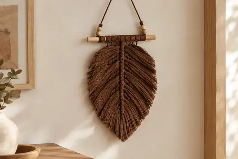 Tenture murale marron en macramé de coton, motif feuille, baguette et perles en bois