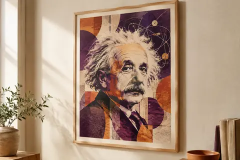 Affiche colorée inspirée d’Albert Einstein, présentée dans un cadre en bois clair sur un mur crème.