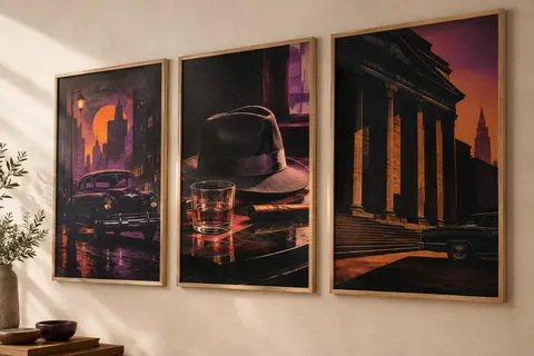 Trois affiches de films de gangsters en format portrait, aux tons multicolores et noirs, sur un mur crème.