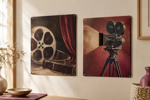 Deux plaques murales rectangulaires en métal au thème du cinéma, présentées côte à côte sur un mur crème.