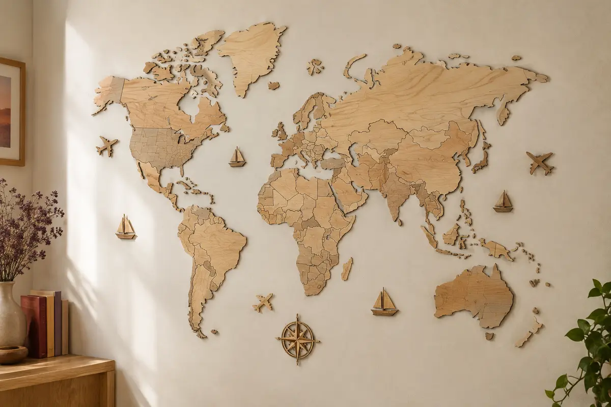 Carte du monde murale en bois naturel gravée, accompagnée de motifs d’avions, de bateaux et d’une boussole.
