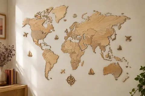 Carte du monde murale en bois naturel gravée, accompagnée de motifs d’avions, de bateaux et d’une boussole.