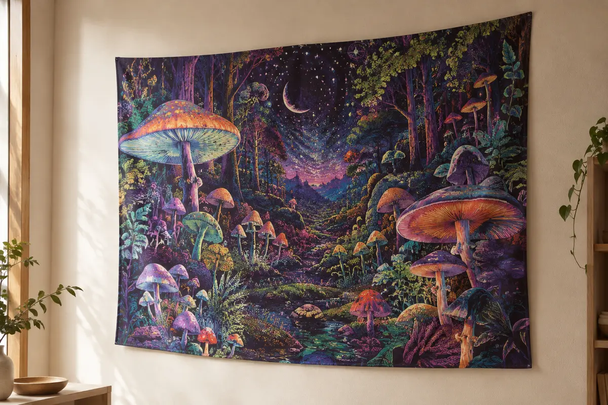 Tenture murale à motifs de champignons et de forêt, présentée sur un mur crème avec un effet fluorescent UV.