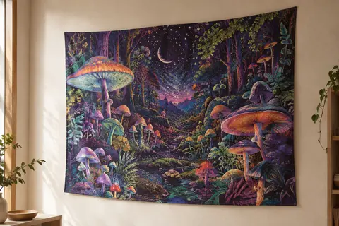 Tenture murale à motifs de champignons et de forêt, présentée sur un mur crème avec un effet fluorescent UV.