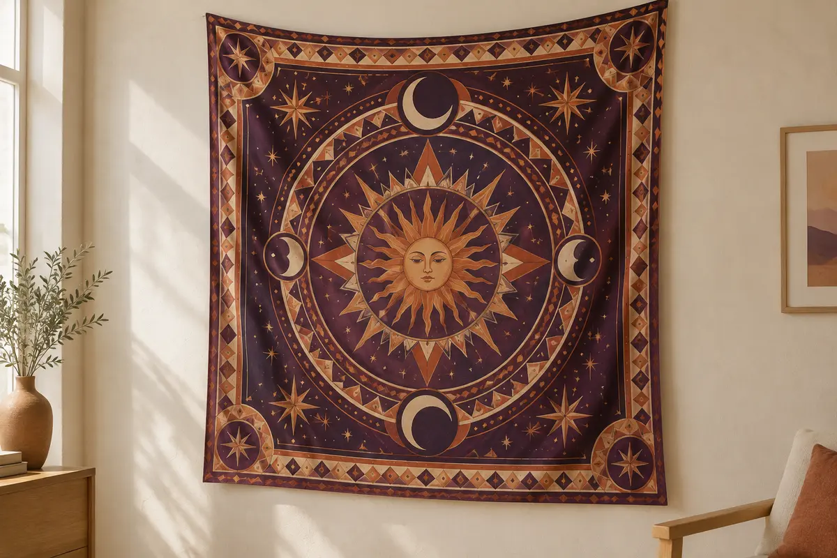 Tenture murale grand format à motif mandala, soleil et lune, suspendue sur un mur crème