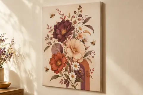 Affiche sur toile avec fleurs colorées et petites abeilles, présentée sans cadre sur un mur crème.