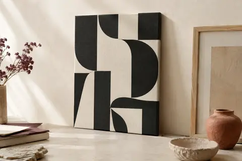 Affiche typographique en toile noir et blanc, au format portrait, présentée sans cadre contre un mur crème.