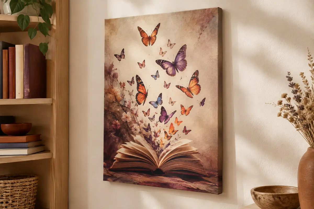 Toile verticale illustrant des papillons colorés qui s’envolent d’un livre ouvert, posée près d’une bibliothèque.