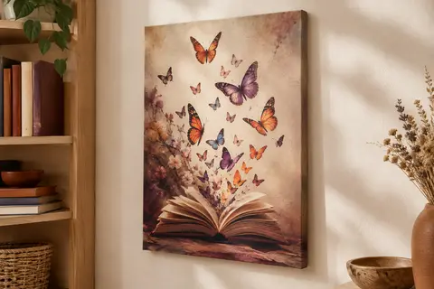 Toile verticale illustrant des papillons colorés qui s’envolent d’un livre ouvert, posée près d’une bibliothèque.
