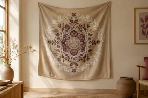 Tapisserie murale beige à mandala floral et couronne blanche, suspendue sur un mur crème.