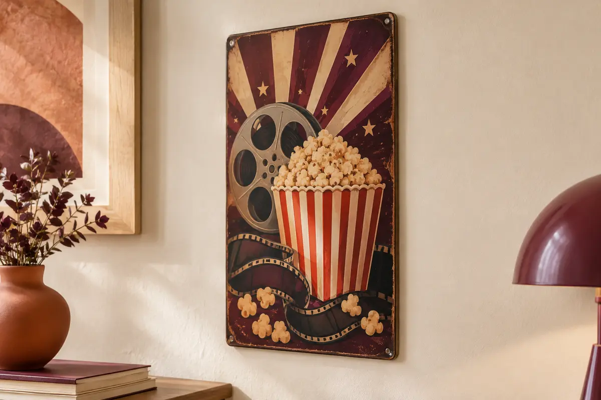 Plaque lumineuse en métal suspendue sur un mur crème, avec un motif rétro inspiré du pop-corn et du cinéma.