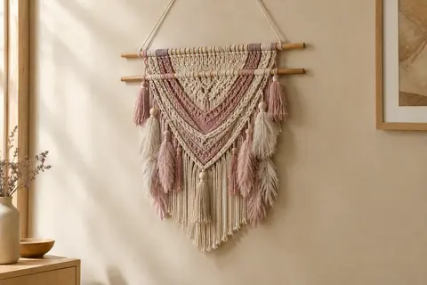 Tenture murale en macramé beige et rose, à motifs géométriques, glands et baguettes en bois