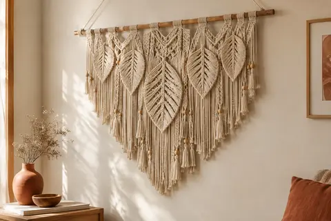 Tenture murale en macramé beige à motif feuille, franges et perles en bois sur un mur crème