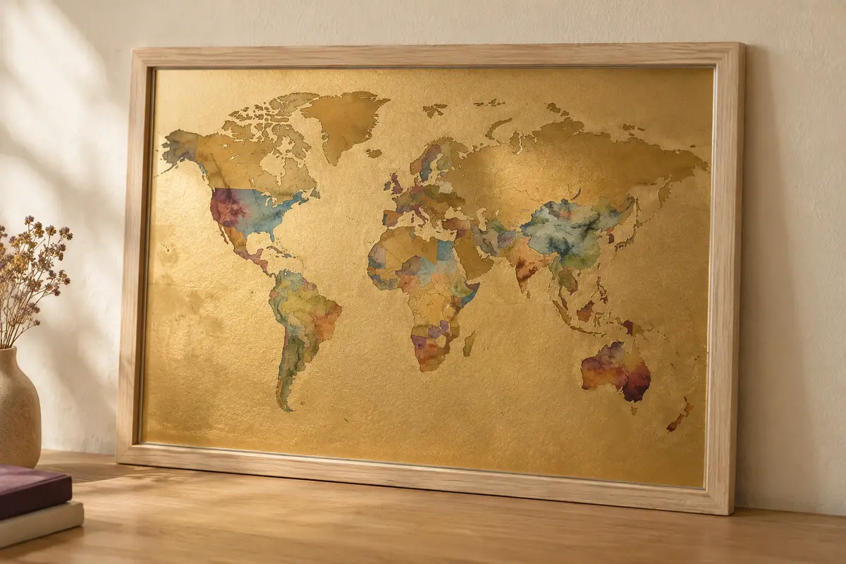 Carte du monde à gratter dorée, présentée dans un cadre en bois clair contre un mur crème.