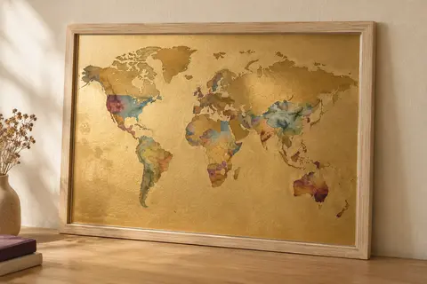 Carte du monde à gratter dorée, présentée dans un cadre en bois clair contre un mur crème.