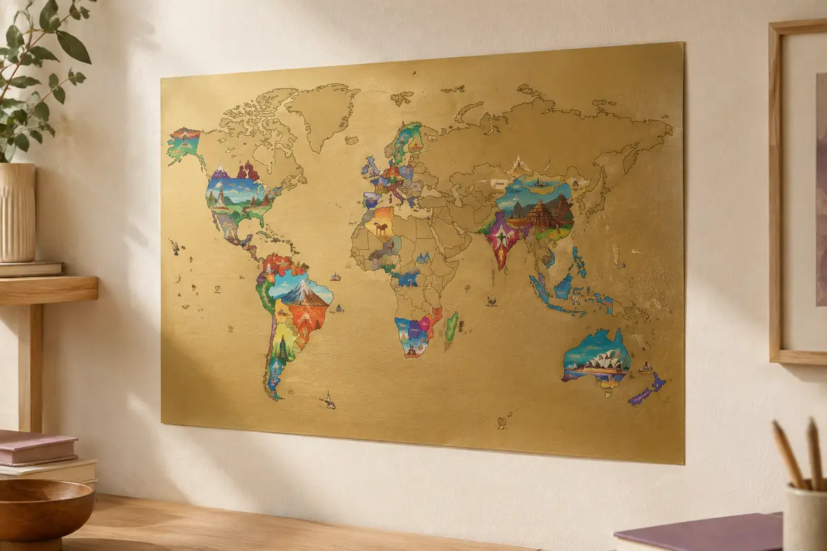 Planisphère mural doré à gratter, avec des pays révélés en couleurs sur un mur crème.
