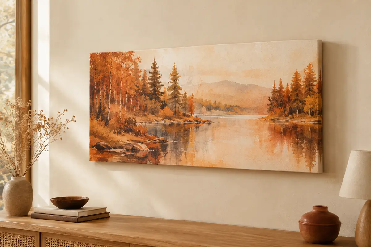 Tableau panoramique sur toile représentant une forêt lacustre aux nuances orangées, monté sur un cadre en bois.