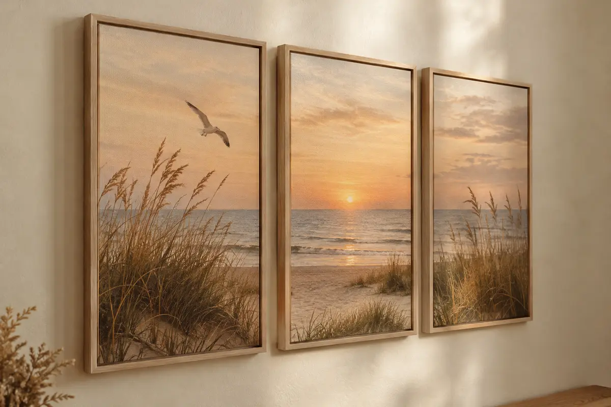 Triptyque encadré sur toile représentant un littoral au coucher du soleil avec une mouette et des roseaux