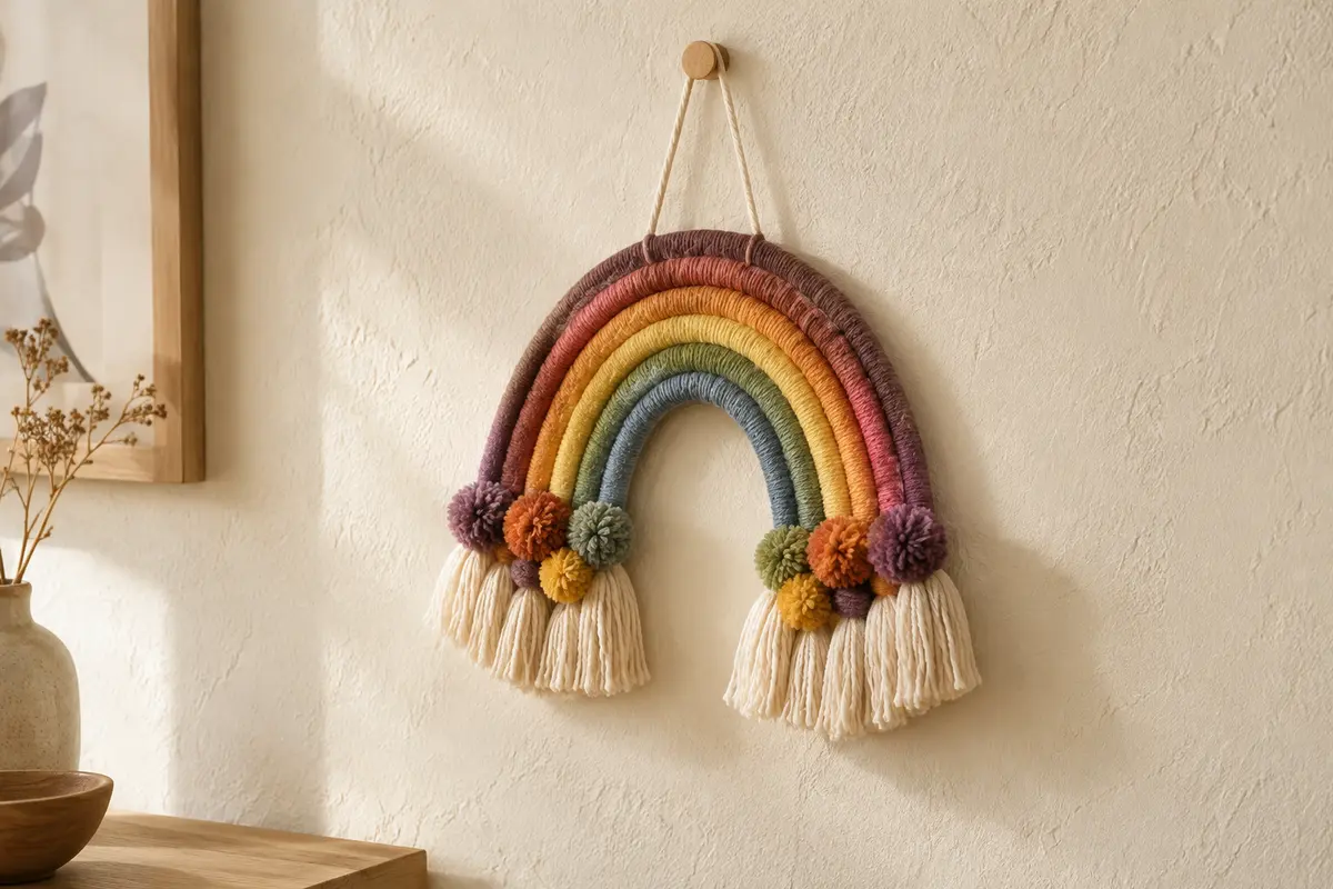 Tenture murale arc-en-ciel en coton tissé, avec pompons colorés sur un mur crème