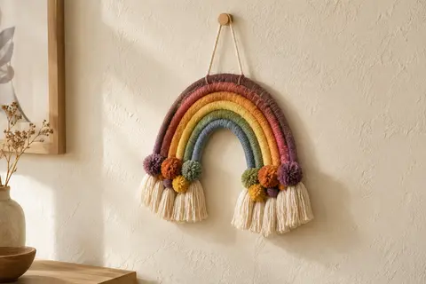 Tenture murale arc-en-ciel en coton tissé, avec pompons colorés sur un mur crème