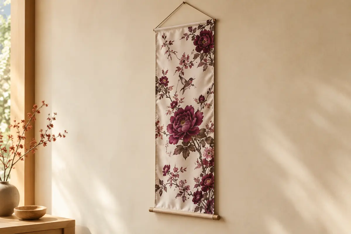 Tenture murale verticale en tissu effet soie, motif floral asiatique rouge et barre de suspension en bois.
