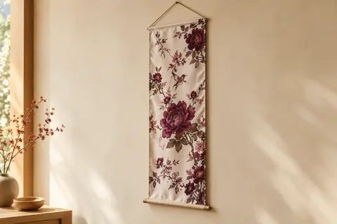 Tenture murale verticale en tissu effet soie, motif floral asiatique rouge et barre de suspension en bois.
