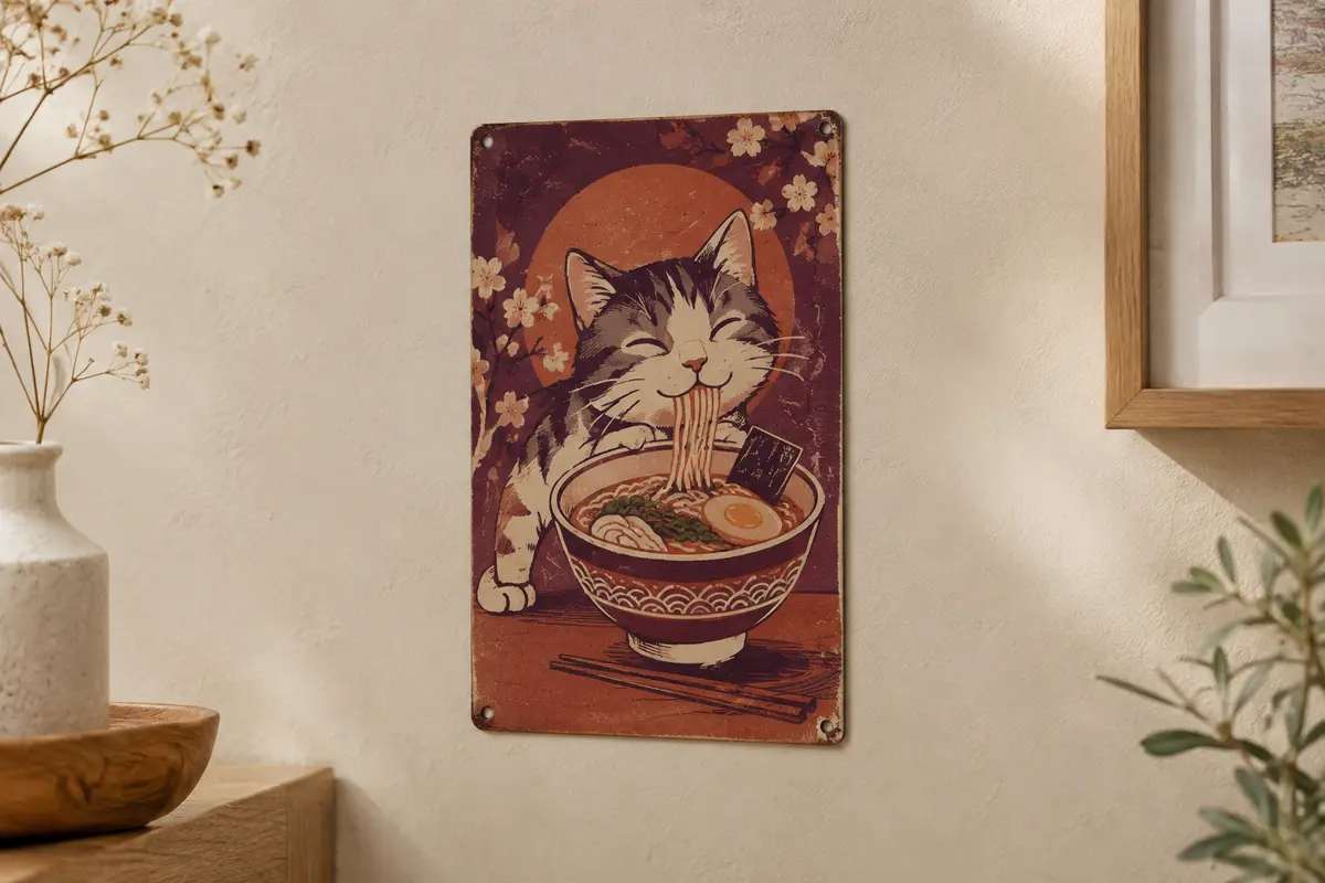Plaque murale en métal au motif rétro de chat et de ramen, fixée sur un mur crème.