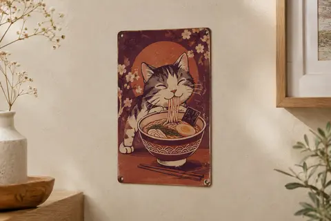 Plaque murale en métal au motif rétro de chat et de ramen, fixée sur un mur crème.