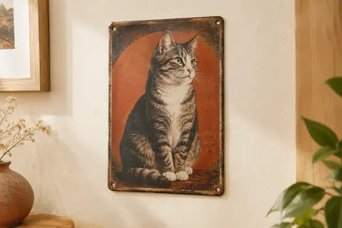 Plaque décorative en métal à motif de chat, fixée sur un mur crème dans une lumière naturelle douce.
