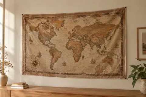 Tenture murale en polyester représentant une carte du monde historique aux tons bruns, accrochée sur un mur crème.
