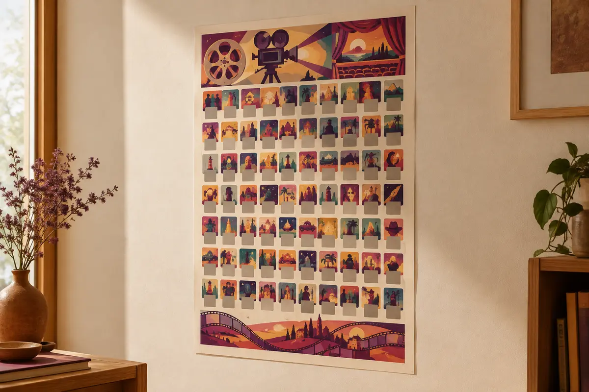 Affiche cinéma rétro à gratter, présentée sans cadre sur un mur crème dans un décor éditorial.