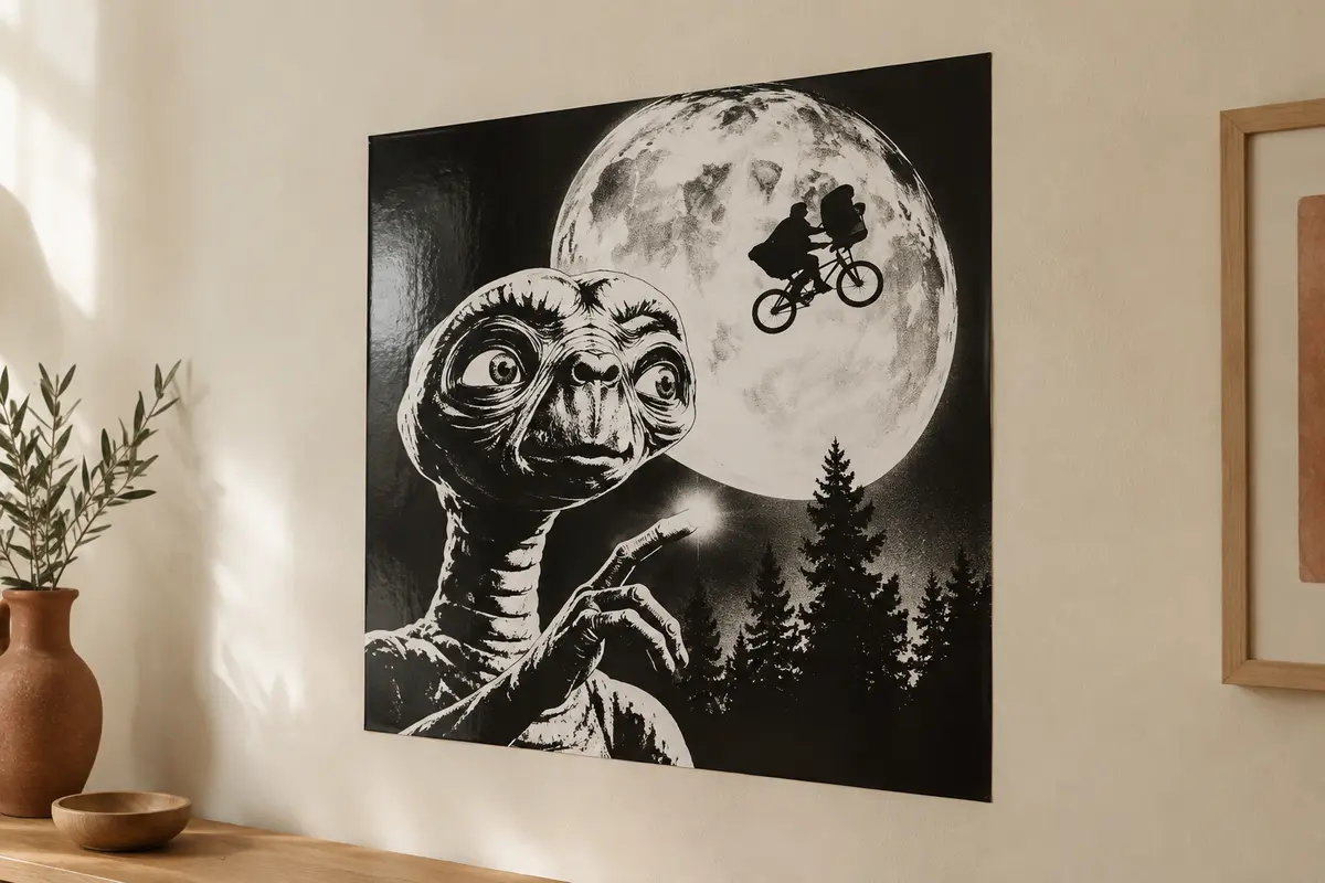 Affiche murale horizontale E.T. en noir et blanc, sans cadre, sur un mur crème éclairé naturellement.