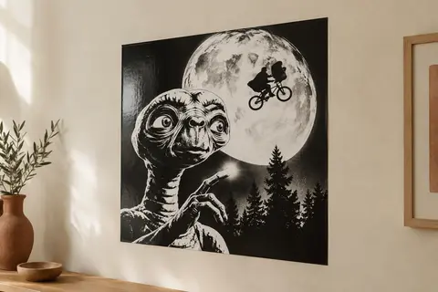 Affiche murale horizontale E.T. en noir et blanc, sans cadre, sur un mur crème éclairé naturellement.