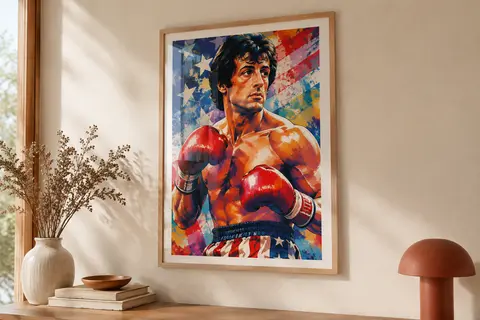 Affiche verticale Grupo Erik consacrée à Rocky Balboa, sur papier brillant à motif caricatural multicolore.