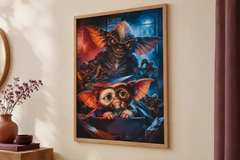 Affiche de film Gremlins multicolore au format portrait, présentée sur un mur crème dans un cadre en bois clair.