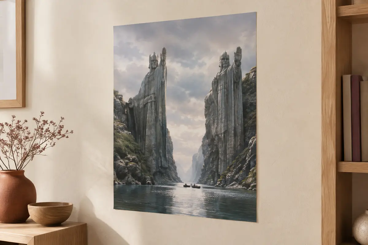 Affiche du Seigneur des Anneaux consacrée aux Argonath, présentée sans cadre sur un mur crème.
