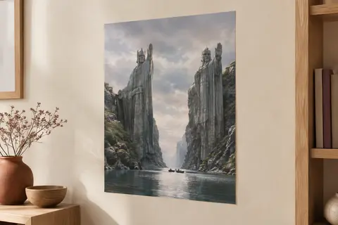 Affiche du Seigneur des Anneaux consacrée aux Argonath, présentée sans cadre sur un mur crème.