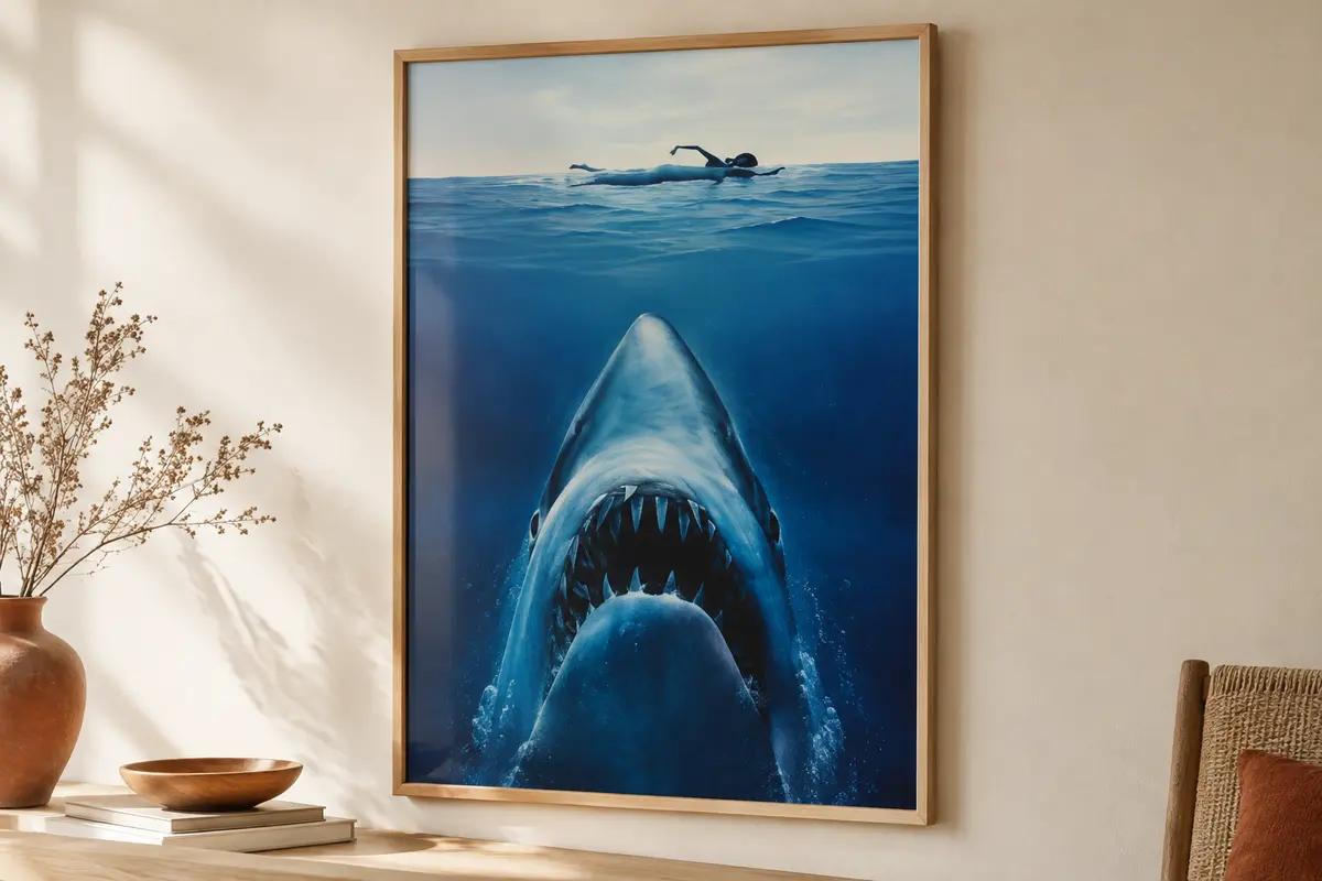 Affiche de cinéma sur le thème des Dents de la mer, encadrée sur un mur crème