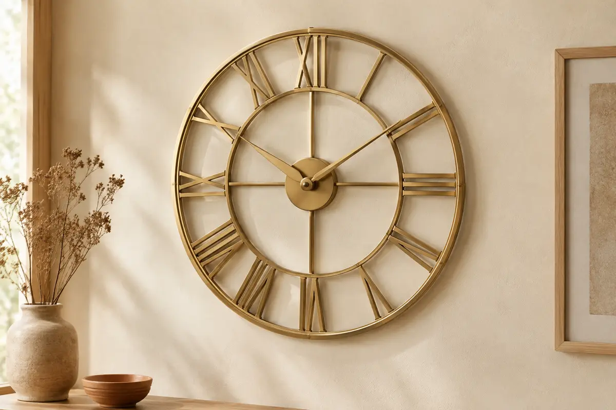 Horloge murale ronde en métal doré ajouré, avec de grands chiffres romains sur un mur crème.
