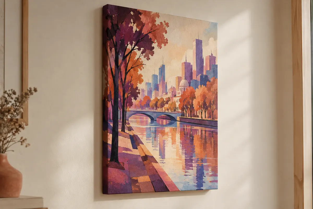Tableau vertical sur toile tendue, représentant une ville imaginaire colorée avec des arbres.