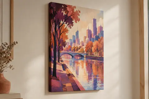 Tableau vertical sur toile tendue, représentant une ville imaginaire colorée avec des arbres.
