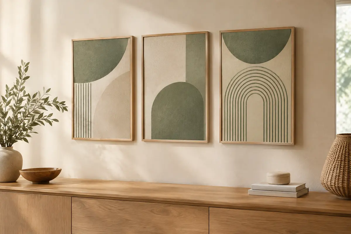 Triptyque de toiles abstraites beige et vert, présenté sur un mur crème au-dessus d’un meuble en bois clair.