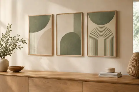Triptyque de toiles abstraites beige et vert, présenté sur un mur crème au-dessus d’un meuble en bois clair.