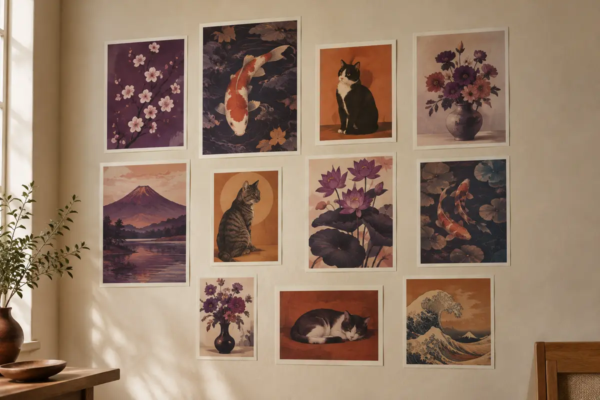 Douze affiches d’art aux formats variés, disposées sans cadre sur un mur crème