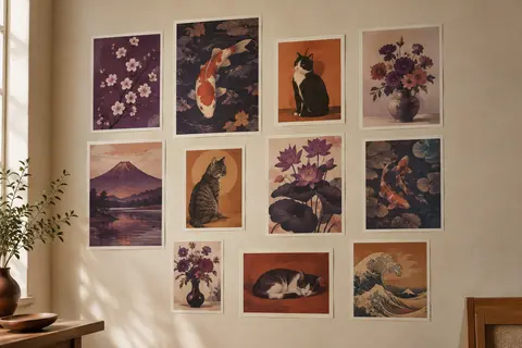 Douze affiches d’art aux formats variés, disposées sans cadre sur un mur crème