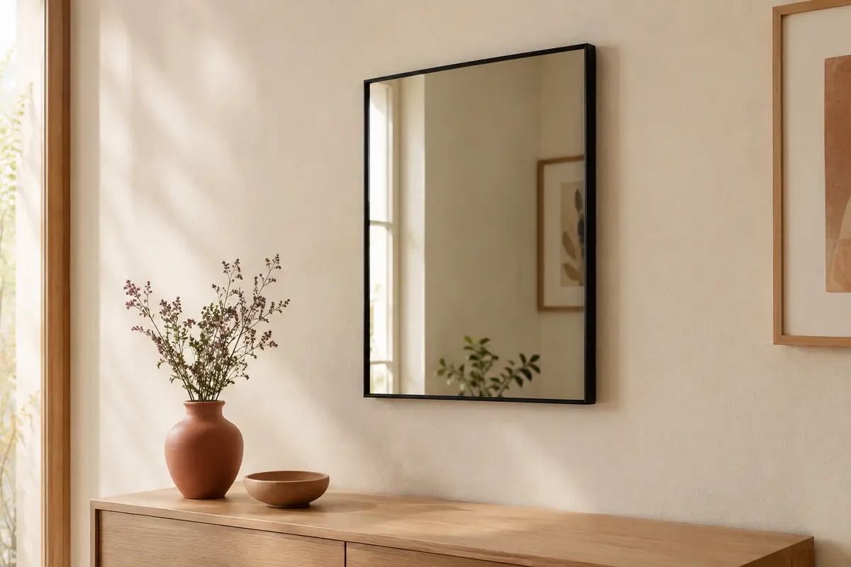 Miroir mural rectangulaire à cadre noir présenté sur un mur crème au-dessus d’une console en bois clair.