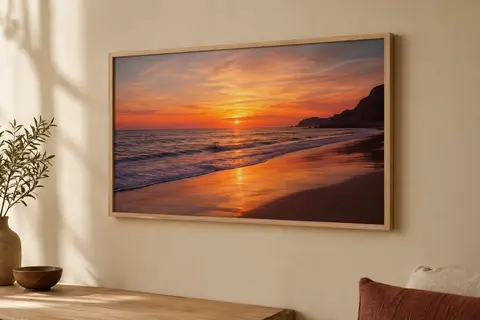Tableau mural encadré représentant une plage au coucher du soleil, présenté sur un mur crème.